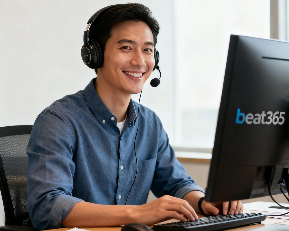 beat365客服顾问佩戴耳机微笑服务照片